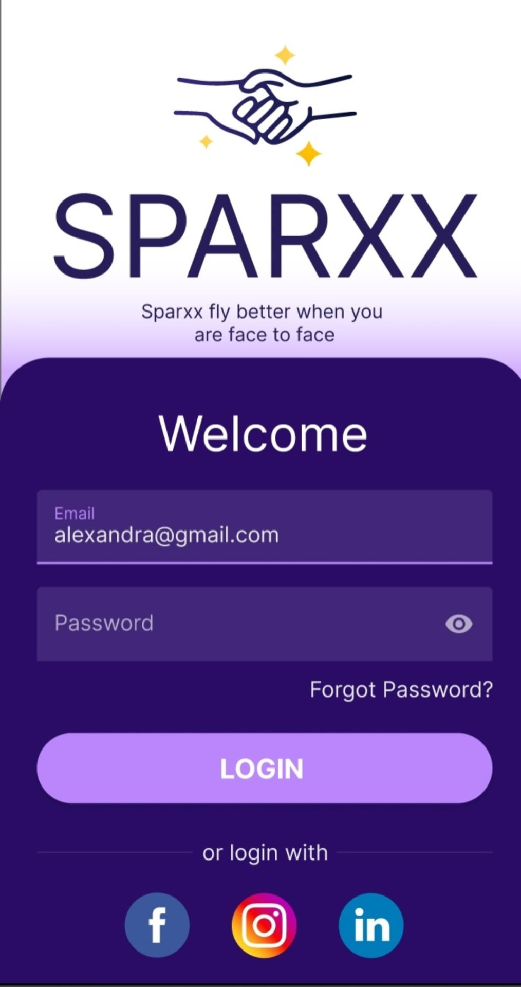 SPARXX app login screen on a phone