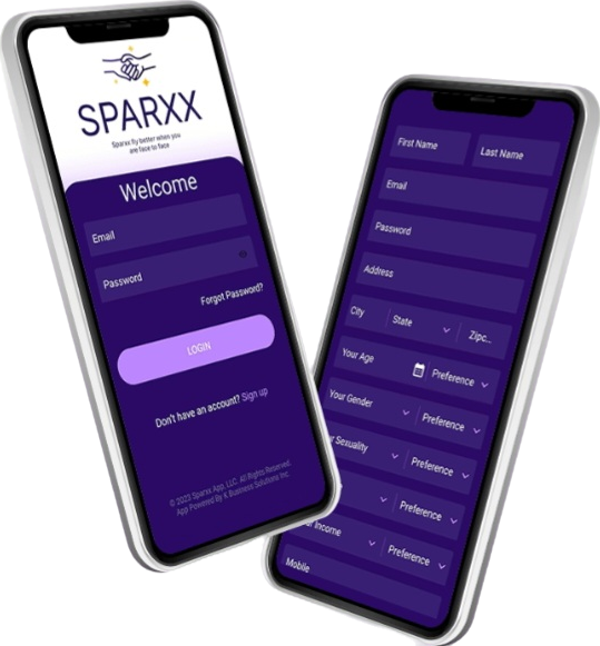 SPARXX login and registration screens shown on two phones